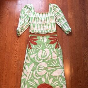 NWT Women Green & Terracotta Linen Blend Skirt Set Size Small